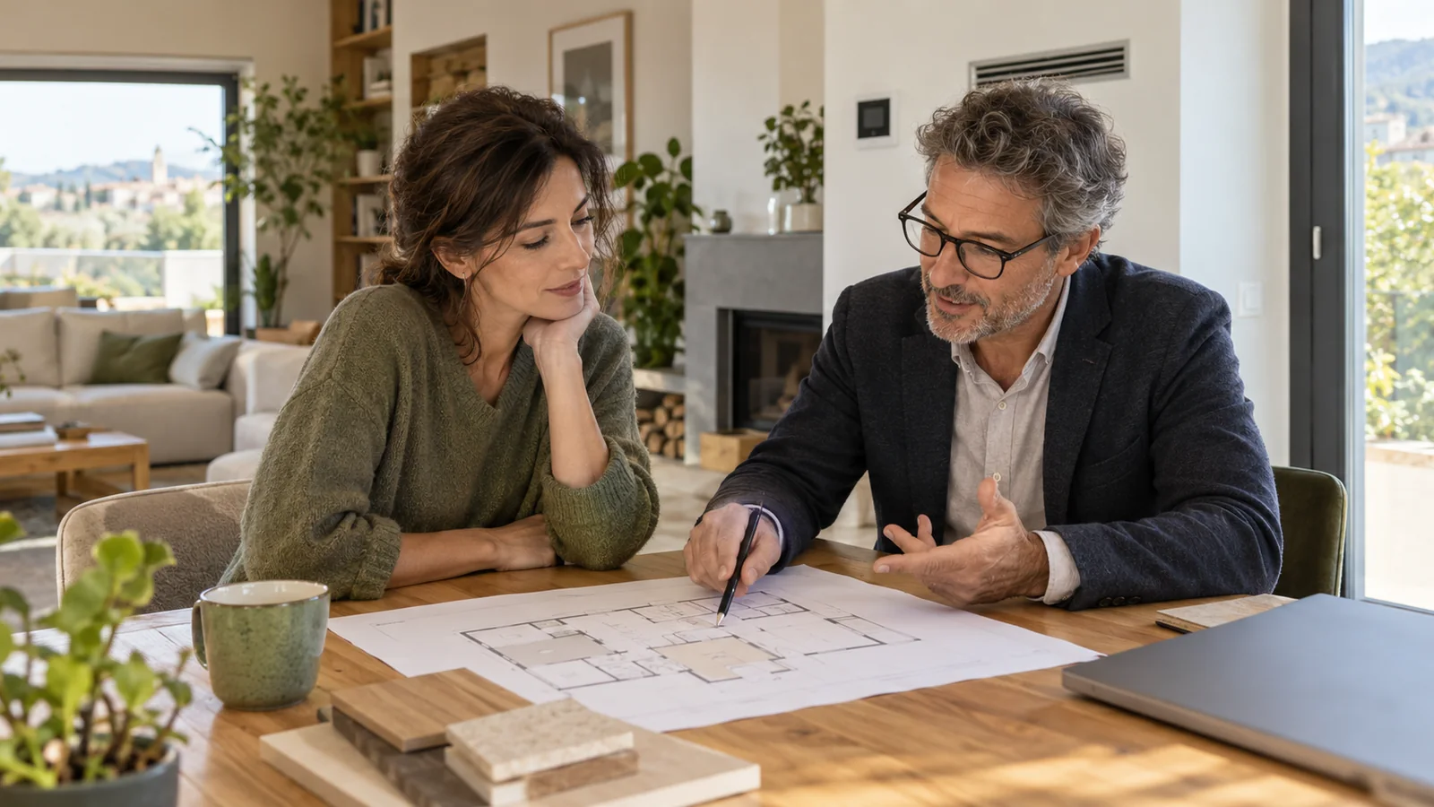 Consulente e proprietaria di casa valutano insieme il progetto degli ambienti